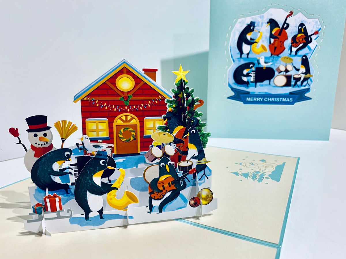 Snowman & Penguin Rockin' Around the Christmas Tree Origami Pop Cards 3D Pop Up Greeting Card Merry Christmas Thank You Handmade Best Wishes Blank Card Gift Happy Holidays Celebrate the Special Day