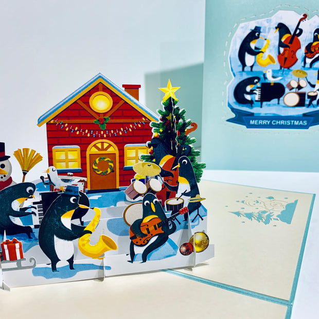 Snowman & Penguin Rockin' Around the Christmas Tree Origami Pop Cards 3D Pop Up Greeting Card Merry Christmas Thank You Handmade Best Wishes Blank Card Gift Happy Holidays Celebrate the Special Day