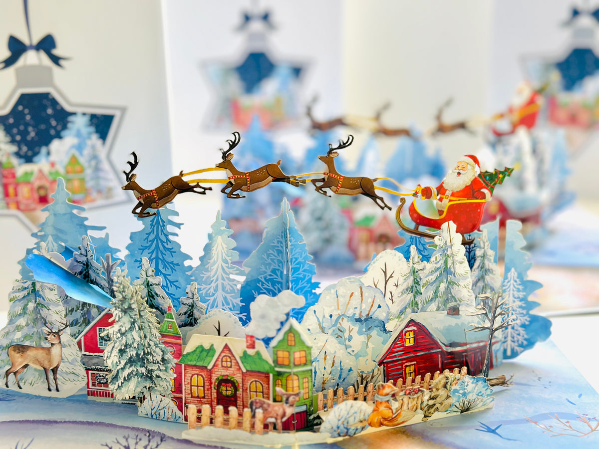 Snowy Village with Flying Santa Sleigh & Reindeers Origami Pop Cards 3D Pop Up Greeting Card Merry Christmas Thank You Handmade Best Wishes Blank Card Gift Happy Holidays Celebrate the Special Day Moment with Family and Friends