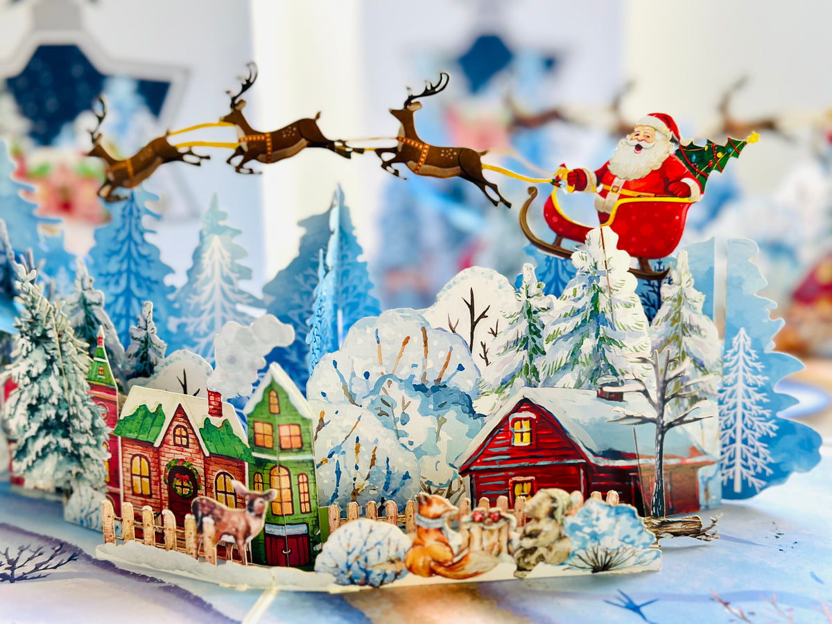 Snowy Village with Flying Santa Sleigh & Reindeers Origami Pop Cards 3D Pop Up Greeting Card Merry Christmas Thank You Handmade Best Wishes Blank Card Gift Happy Holidays Celebrate the Special Day Moment with Family and Friends