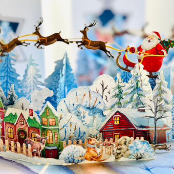 Snowy Village with Flying Santa Sleigh & Reindeers Origami Pop Cards 3D Pop Up Greeting Card Merry Christmas Thank You Handmade Best Wishes Blank Card Gift Happy Holidays Celebrate the Special Day Moment with Family and Friends