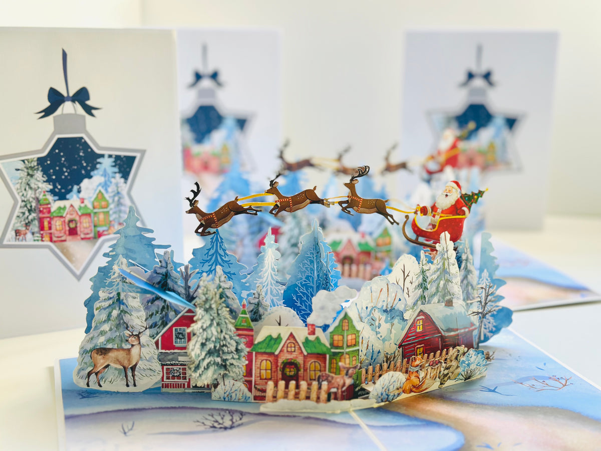 Snowy Village with Flying Santa Sleigh & Reindeers Origami Pop Cards 3D Pop Up Greeting Card Merry Christmas Thank You Handmade Best Wishes Blank Card Gift Happy Holidays Celebrate the Special Day Moment with Family and Friends