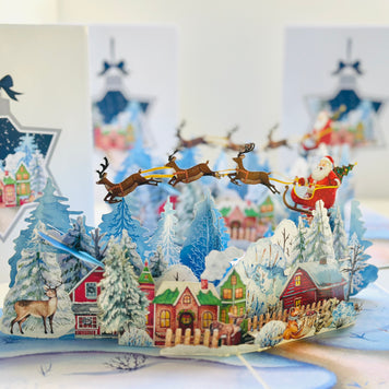 Snowy Village with Flying Santa Sleigh & Reindeers Origami Pop Cards 3D Pop Up Greeting Card Merry Christmas Thank You Handmade Best Wishes Blank Card Gift Happy Holidays Celebrate the Special Day Moment with Family and Friends