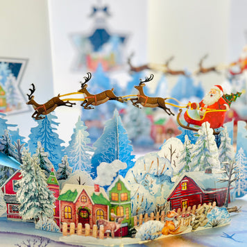 Snowy Village with Flying Santa Sleigh & Reindeers Origami Pop Cards 3D Pop Up Greeting Card Merry Christmas Thank You Handmade Best Wishes Blank Card Gift Happy Holidays Celebrate the Special Day Moment with Family and Friends