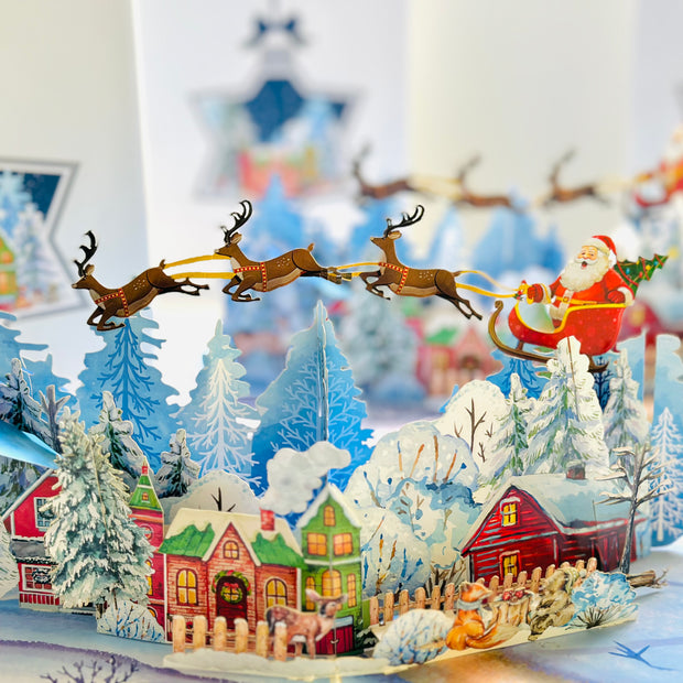 Snowy Village with Flying Santa Sleigh & Reindeers Origami Pop Cards 3D Pop Up Greeting Card Merry Christmas Thank You Handmade Best Wishes Blank Card Gift Happy Holidays Celebrate the Special Day Moment with Family and Friends