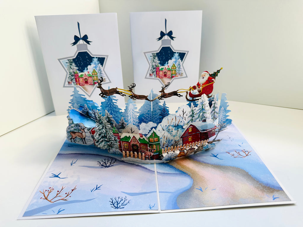Snowy Village with Flying Santa Sleigh & Reindeers Origami Pop Cards 3D Pop Up Greeting Card Merry Christmas Thank You Handmade Best Wishes Blank Card Gift Happy Holidays Celebrate the Special Day Moment with Family and Friends