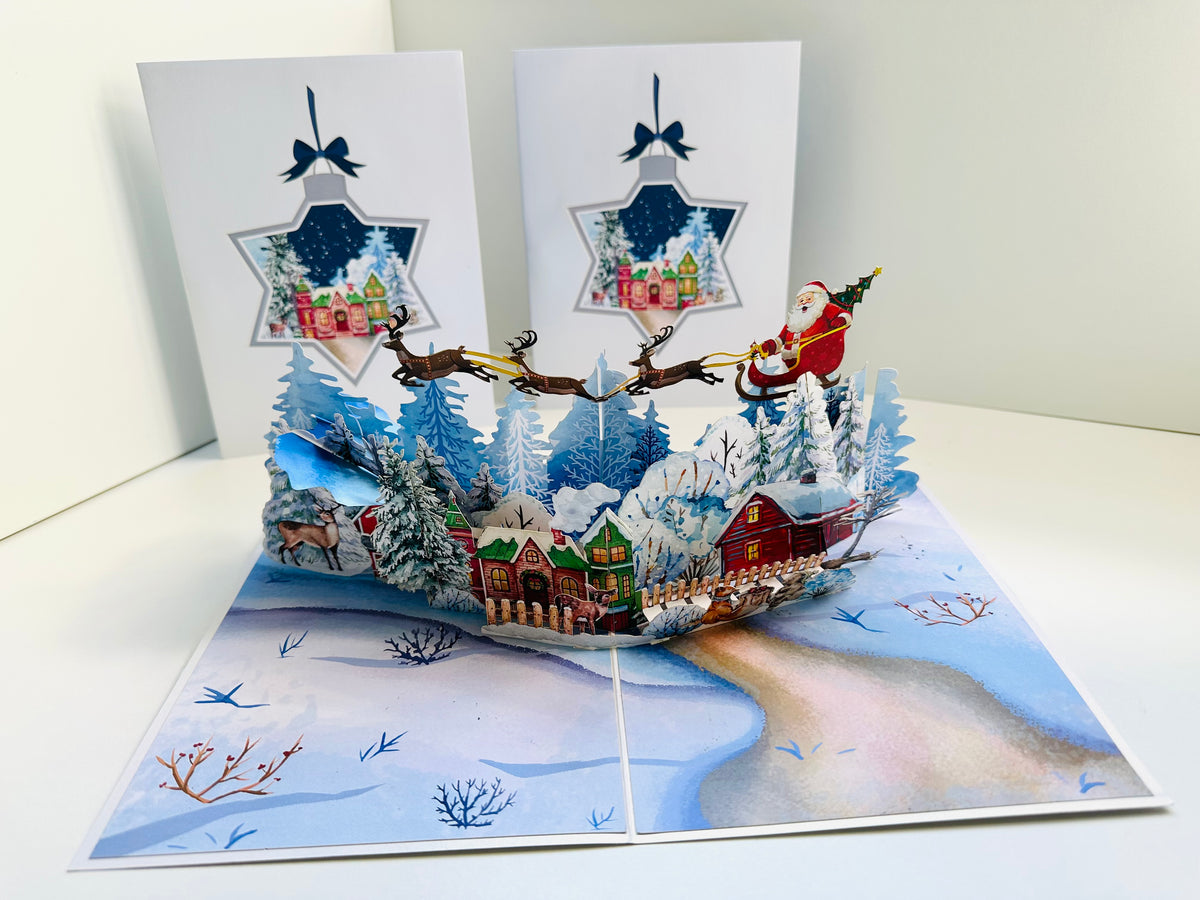 Snowy Village with Flying Santa Sleigh & Reindeers Origami Pop Cards 3D Pop Up Greeting Card Merry Christmas Thank You Handmade Best Wishes Blank Card Gift Happy Holidays Celebrate the Special Day Moment with Family and Friends