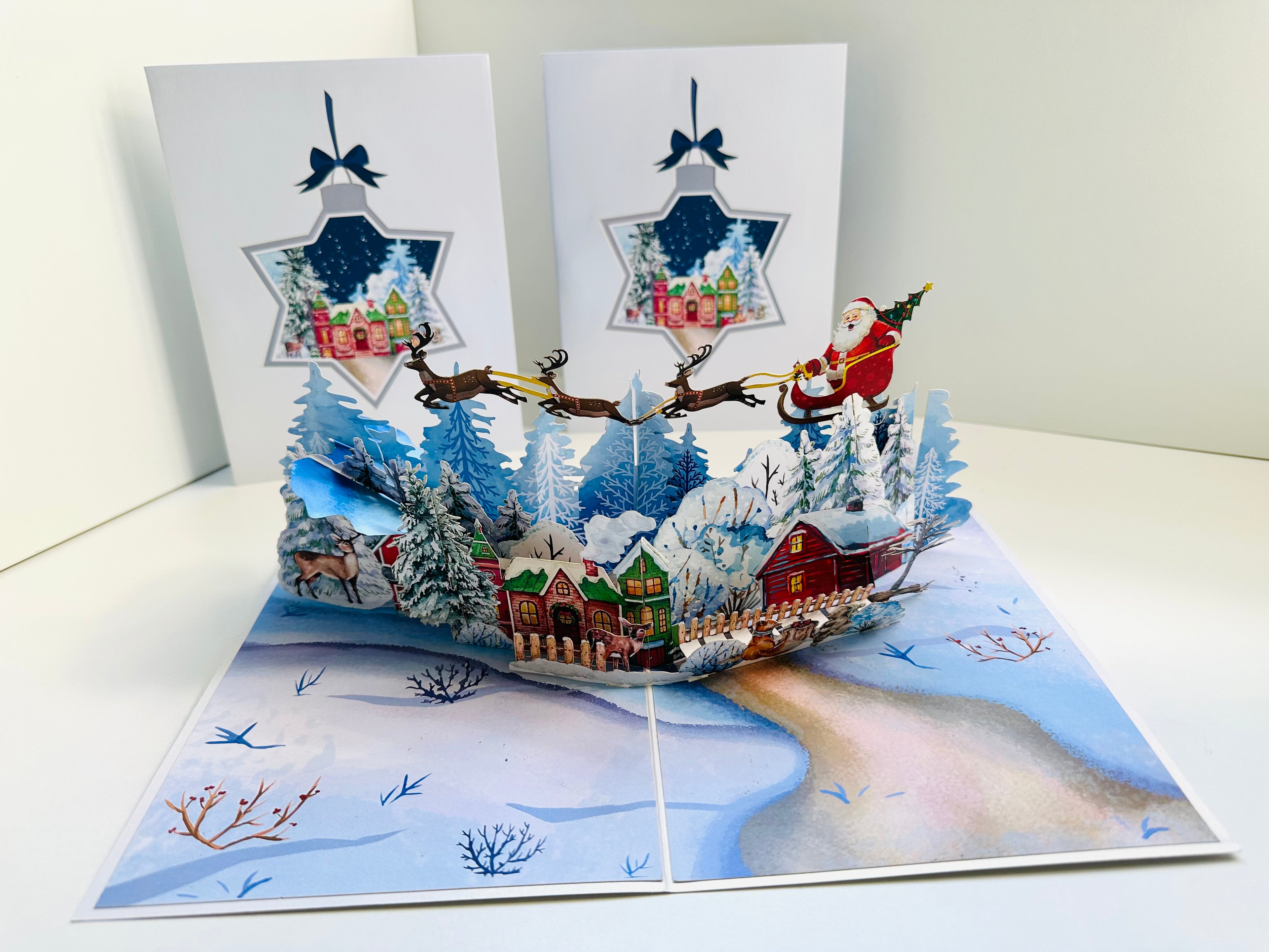 Snowy Village with Flying Santa Sleigh & Reindeers Origami Pop Cards 3D Pop Up Greeting Card Merry Christmas Thank You Handmade Best Wishes Blank Card Gift Happy Holidays Celebrate the Special Day Moment with Family and Friends