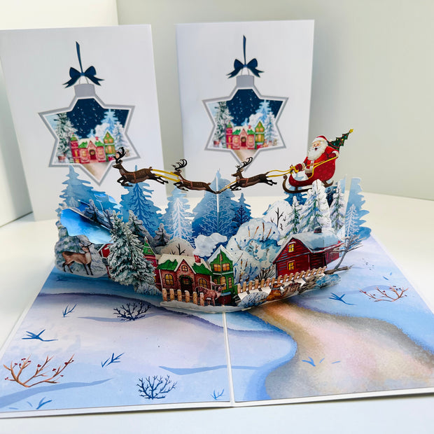 Snowy Village with Flying Santa Sleigh & Reindeers Origami Pop Cards 3D Pop Up Greeting Card Merry Christmas Thank You Handmade Best Wishes Blank Card Gift Happy Holidays Celebrate the Special Day Moment with Family and Friends