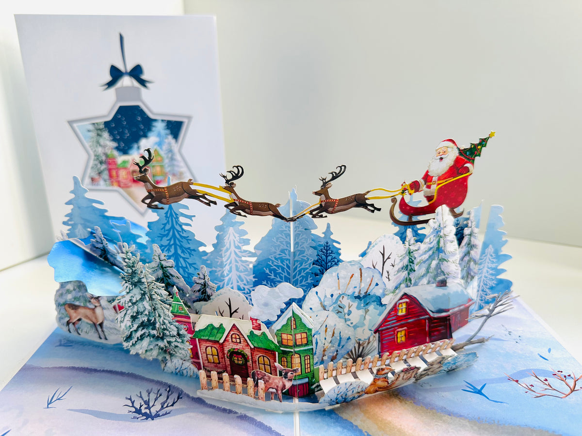 Snowy Village with Flying Santa Sleigh & Reindeers Origami Pop Cards 3D Pop Up Greeting Card Merry Christmas Thank You Handmade Best Wishes Blank Card Gift Happy Holidays Celebrate the Special Day Moment with Family and Friends