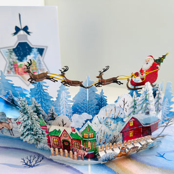 Snowy Village with Flying Santa Sleigh & Reindeers Origami Pop Cards 3D Pop Up Greeting Card Merry Christmas Thank You Handmade Best Wishes Blank Card Gift Happy Holidays Celebrate the Special Day Moment with Family and Friends