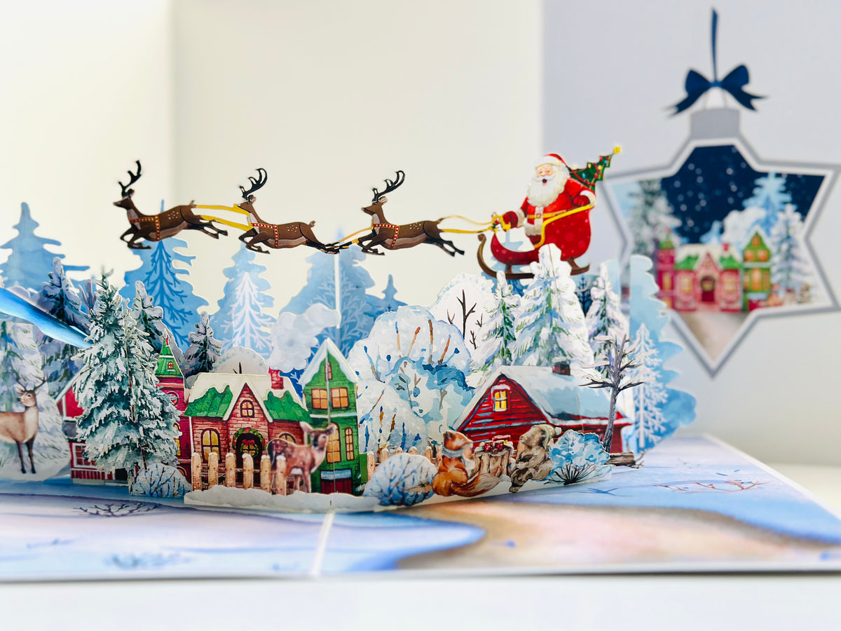 Snowy Village with Flying Santa Sleigh & Reindeers Origami Pop Cards 3D Pop Up Greeting Card Merry Christmas Thank You Handmade Best Wishes Blank Card Gift Happy Holidays Celebrate the Special Day Moment with Family and Friends