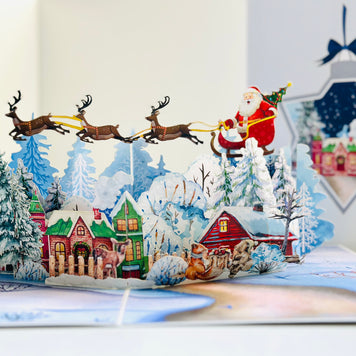 Snowy Village with Flying Santa Sleigh & Reindeers Origami Pop Cards 3D Pop Up Greeting Card Merry Christmas Thank You Handmade Best Wishes Blank Card Gift Happy Holidays Celebrate the Special Day Moment with Family and Friends