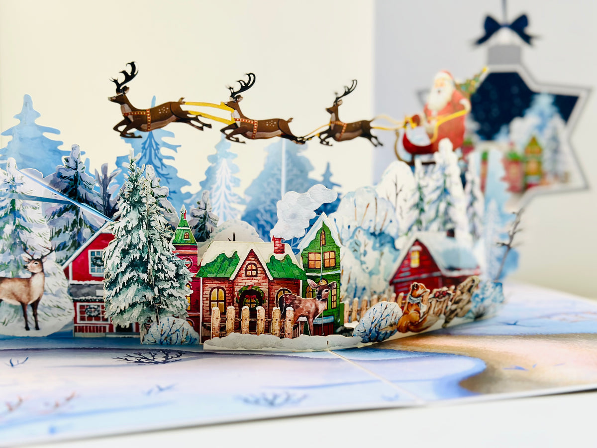 Snowy Village with Flying Santa Sleigh & Reindeers Origami Pop Cards 3D Pop Up Greeting Card Merry Christmas Thank You Handmade Best Wishes Blank Card Gift Happy Holidays Celebrate the Special Day Moment with Family and Friends