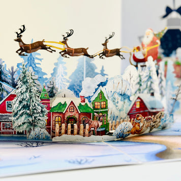 Snowy Village with Flying Santa Sleigh & Reindeers Origami Pop Cards 3D Pop Up Greeting Card Merry Christmas Thank You Handmade Best Wishes Blank Card Gift Happy Holidays Celebrate the Special Day Moment with Family and Friends