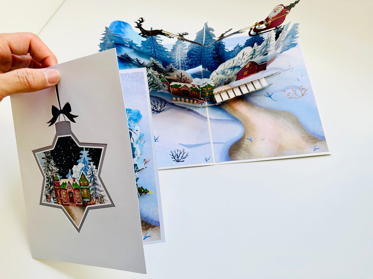 Snowy Village with Flying Santa Sleigh & Reindeers Origami Pop Cards 3D Pop Up Greeting Card Merry Christmas Thank You Handmade Best Wishes Blank Card Gift Happy Holidays Celebrate the Special Day Moment with Family and Friends