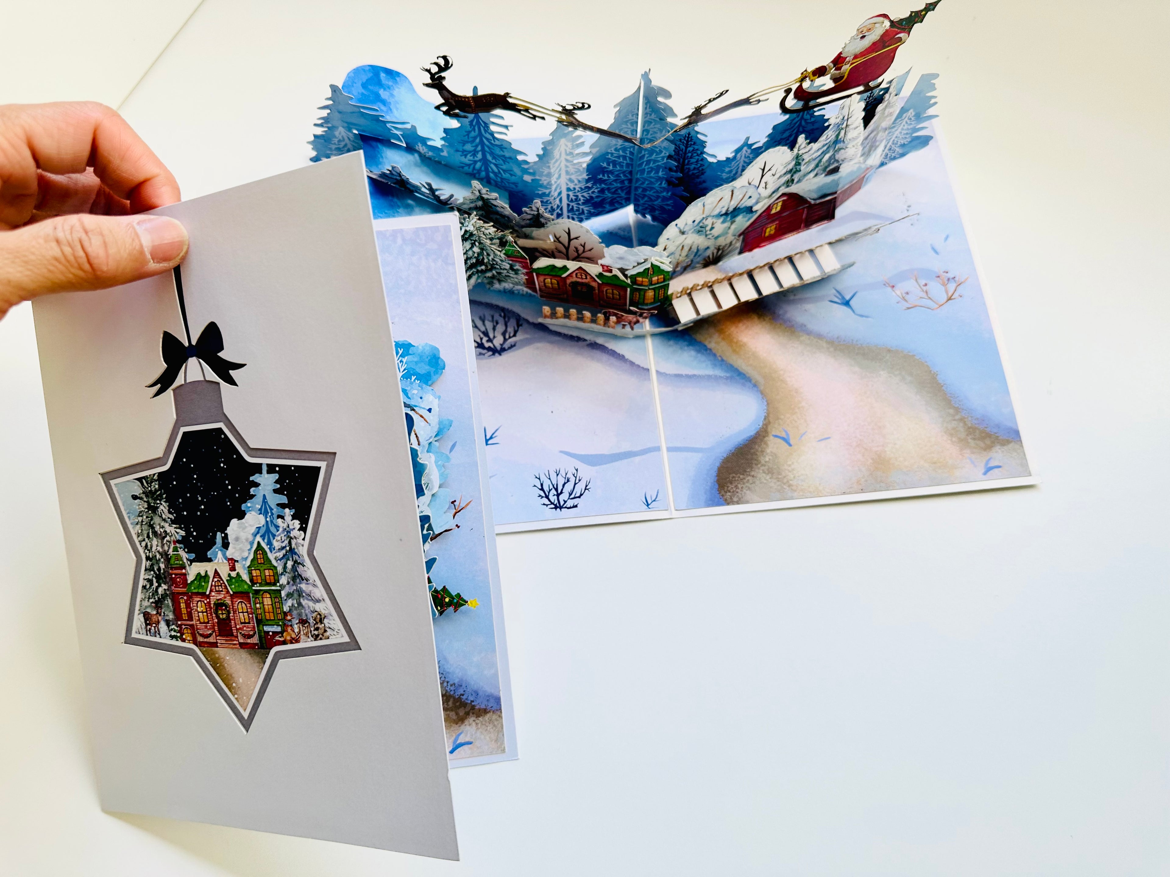 Snowy Village with Flying Santa Sleigh & Reindeers Origami Pop Cards 3D Pop Up Greeting Card Merry Christmas Thank You Handmade Best Wishes Blank Card Gift Happy Holidays Celebrate the Special Day Moment with Family and Friends
