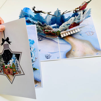 Snowy Village with Flying Santa Sleigh & Reindeers Origami Pop Cards 3D Pop Up Greeting Card Merry Christmas Thank You Handmade Best Wishes Blank Card Gift Happy Holidays Celebrate the Special Day Moment with Family and Friends