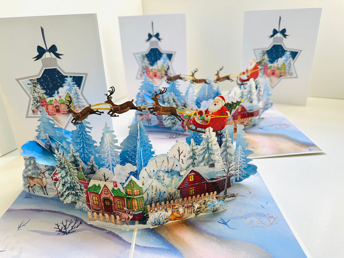 Snowy Village with Flying Santa Sleigh & Reindeers Origami Pop Cards 3D Pop Up Greeting Card Merry Christmas Thank You Handmade Best Wishes Blank Card Gift Happy Holidays Celebrate the Special Day Moment with Family and Friends