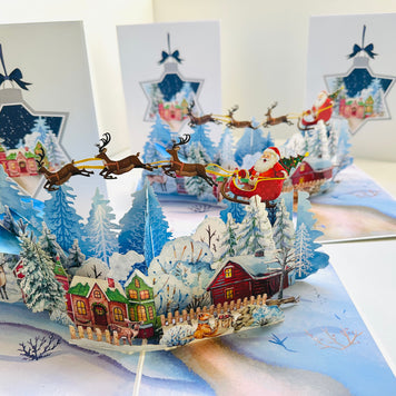 Snowy Village with Flying Santa Sleigh & Reindeers Origami Pop Cards 3D Pop Up Greeting Card Merry Christmas Thank You Handmade Best Wishes Blank Card Gift Happy Holidays Celebrate the Special Day Moment with Family and Friends