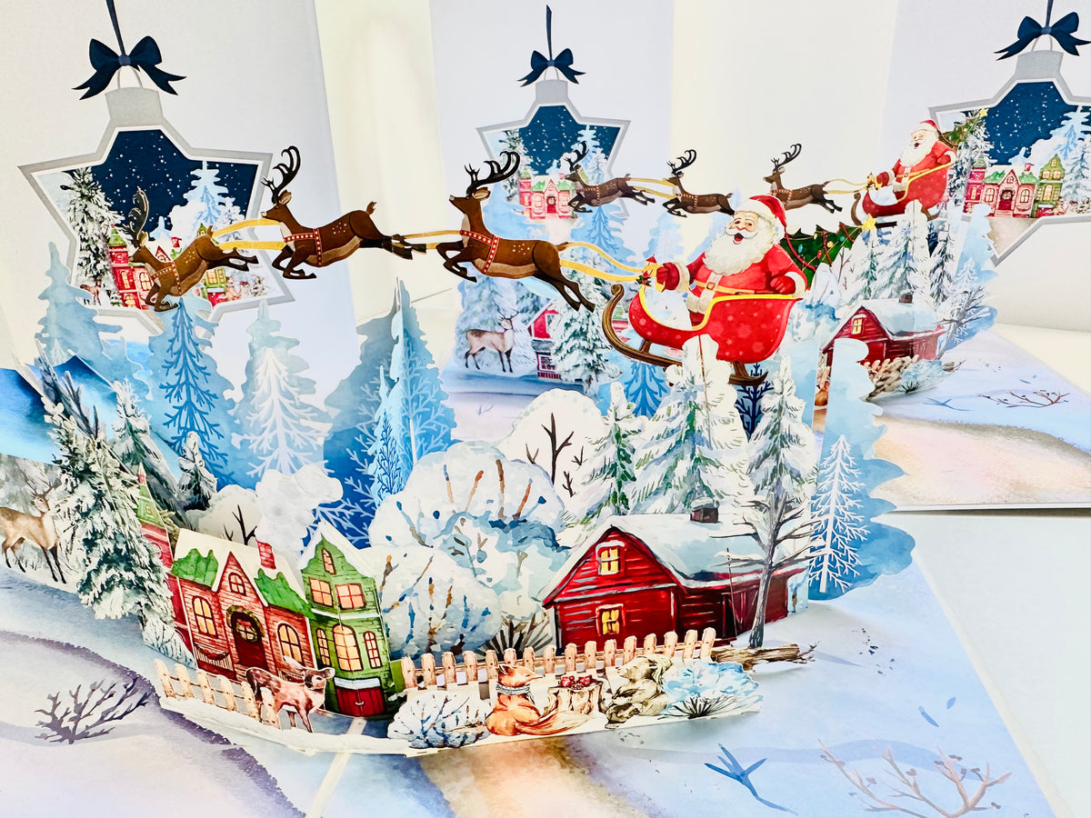 Snowy Village with Flying Santa Sleigh & Reindeers Origami Pop Cards 3D Pop Up Greeting Card Merry Christmas Thank You Handmade Best Wishes Blank Card Gift Happy Holidays Celebrate the Special Day Moment with Family and Friends