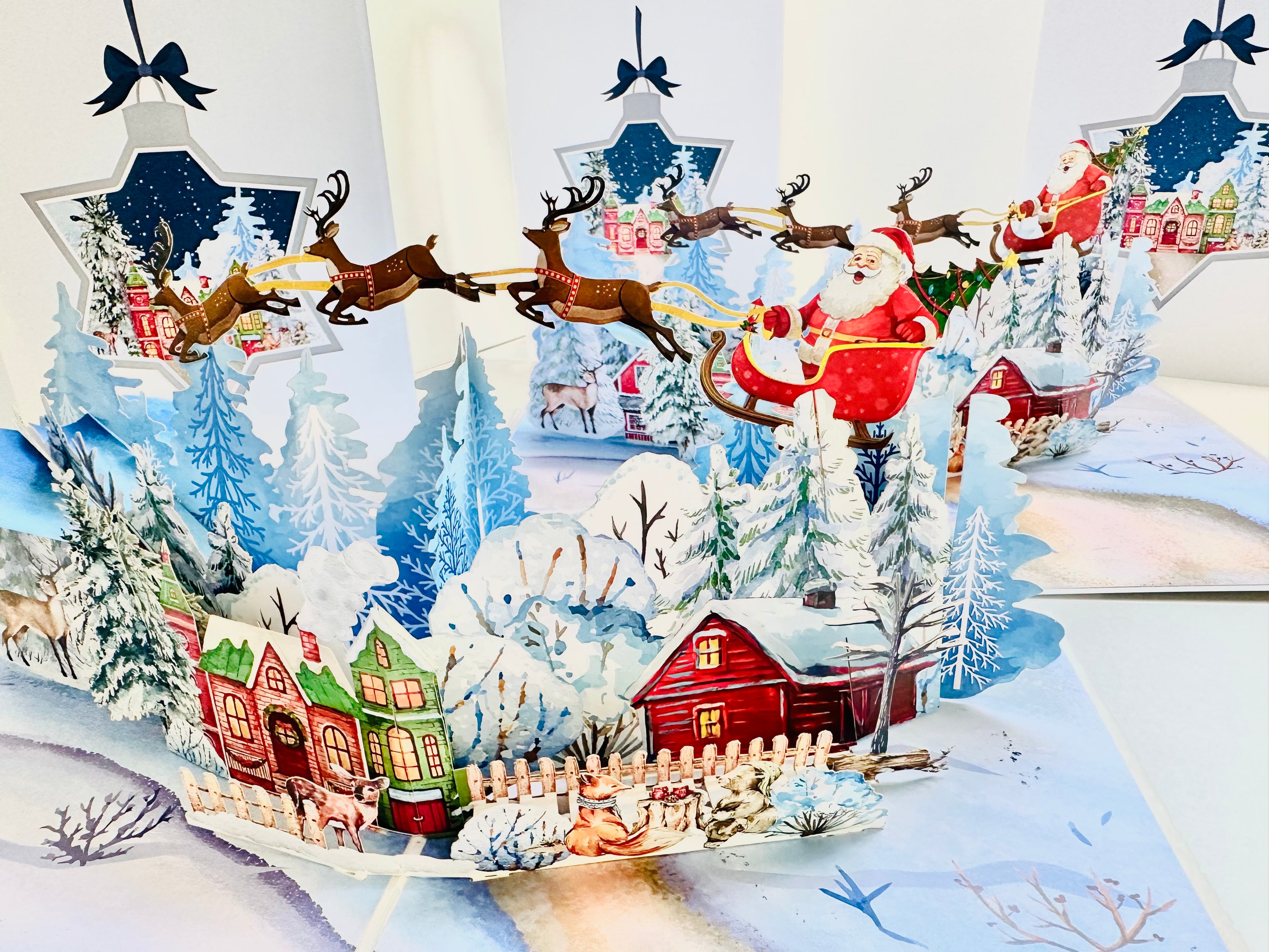 Snowy Village with Flying Santa Sleigh & Reindeers Origami Pop Cards 3D Pop Up Greeting Card Merry Christmas Thank You Handmade Best Wishes Blank Card Gift Happy Holidays Celebrate the Special Day Moment with Family and Friends