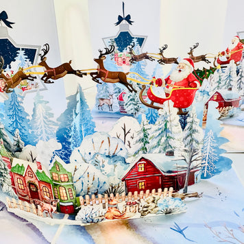 Snowy Village with Flying Santa Sleigh & Reindeers Origami Pop Cards 3D Pop Up Greeting Card Merry Christmas Thank You Handmade Best Wishes Blank Card Gift Happy Holidays Celebrate the Special Day Moment with Family and Friends