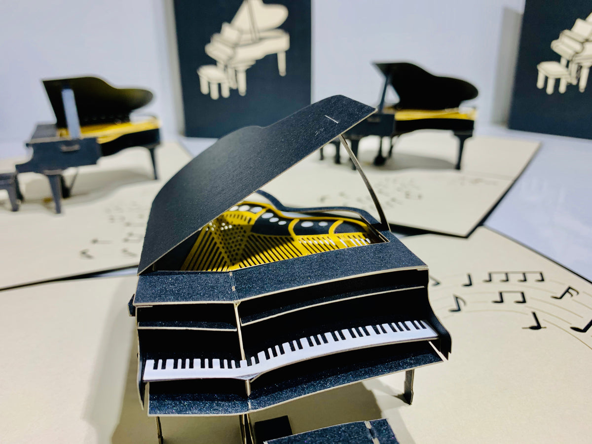 Sophisticated Gold & Black Piano with Bench Origami Pop Cards 3D Pop Up Greeting Card Celebrate Happy Birthday Thank You Handmade Best Wishes Gift Thinking of You Blank Card for Any Occasion Happy Mother's Day Happy Father's Day Australiana Celebration