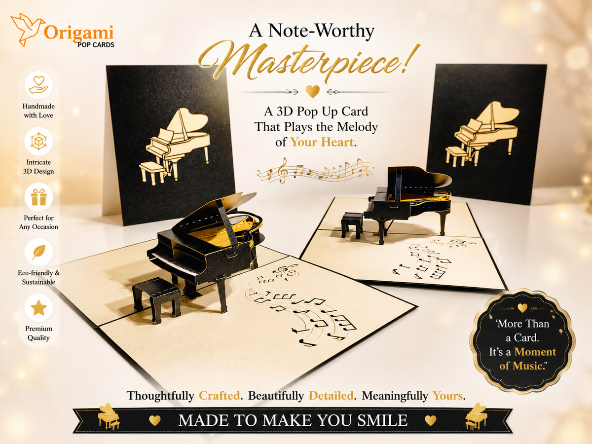 Sophisticated Gold & Black Piano with Bench Origami Pop Cards 3D Pop Up Greeting Card Celebrate Happy Birthday Thank You Handmade Best Wishes Gift Thinking of You Blank Card for Any Occasion Happy Mother's Day Happy Father's Day Australiana Celebration