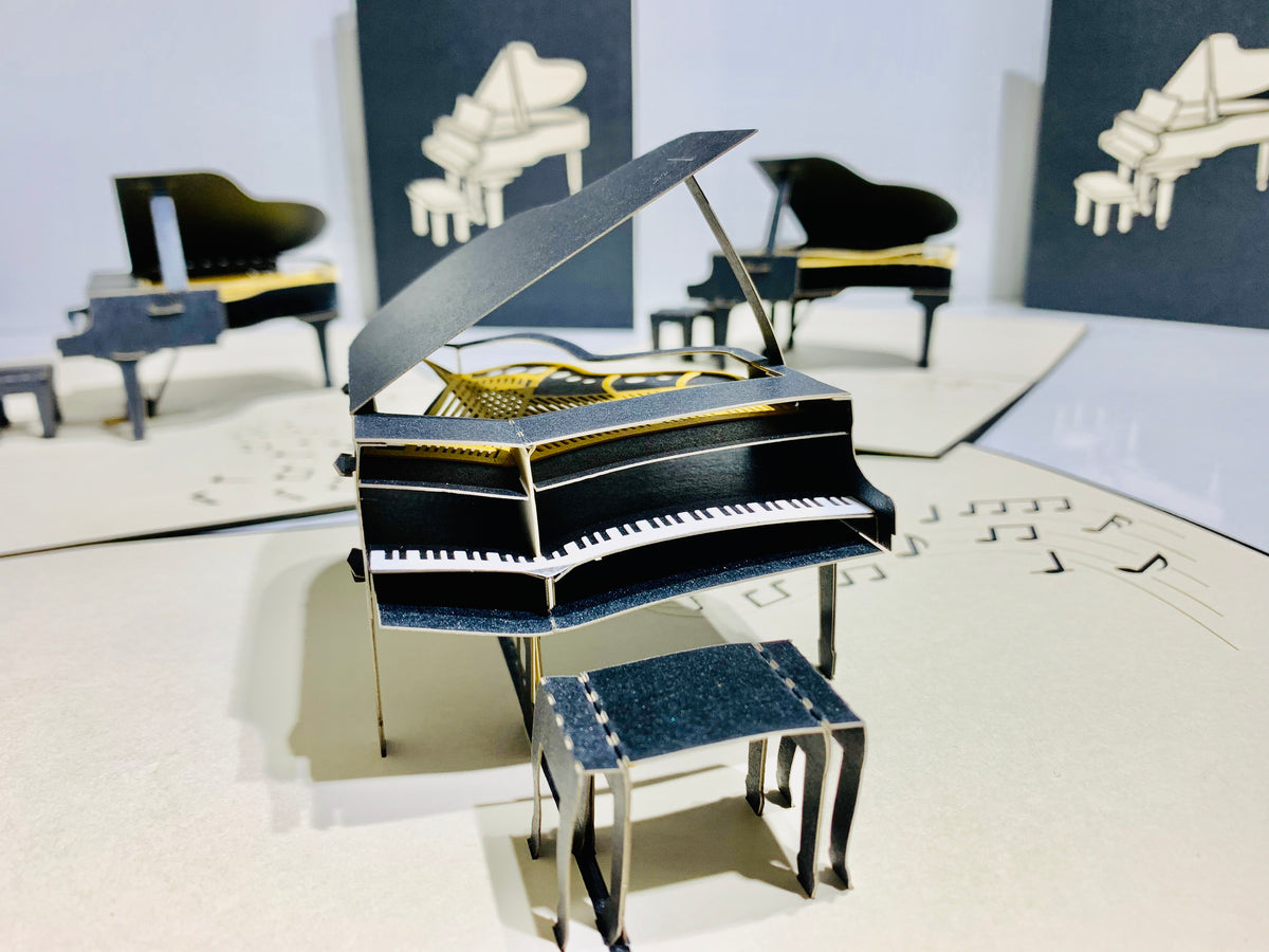 Sophisticated Gold & Black Piano with Bench Origami Pop Cards 3D Pop Up Greeting Card Celebrate Happy Birthday Thank You Handmade Best Wishes Gift Thinking of You Blank Card for Any Occasion Happy Mother's Day Happy Father's Day Australiana Celebration