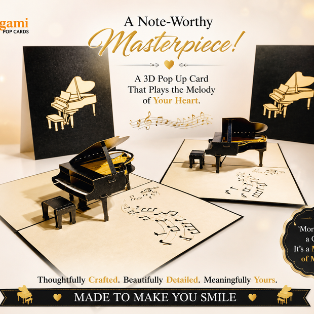 Sophisticated Gold & Black Piano with Bench Origami Pop Cards 3D Pop Up Greeting Card Celebrate Happy Birthday Thank You Handmade Best Wishes Gift Thinking of You Blank Card for Any Occasion Happy Mother's Day Happy Father's Day Australiana Celebration