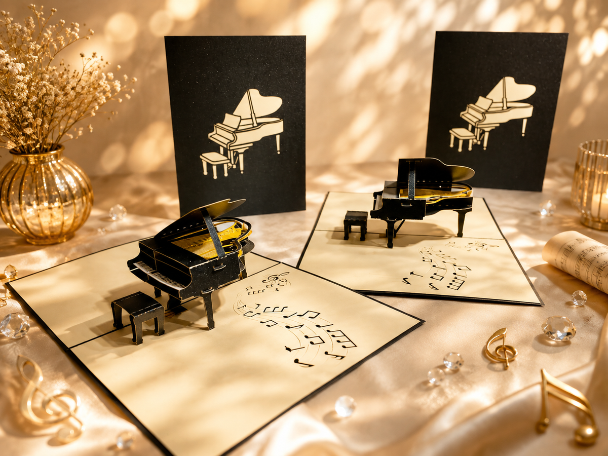 Sophisticated Gold & Black Piano with Bench Origami Pop Cards 3D Pop Up Greeting Card Celebrate Happy Birthday Thank You Handmade Best Wishes Gift Thinking of You Blank Card for Any Occasion Happy Mother's Day Happy Father's Day Australiana Celebration