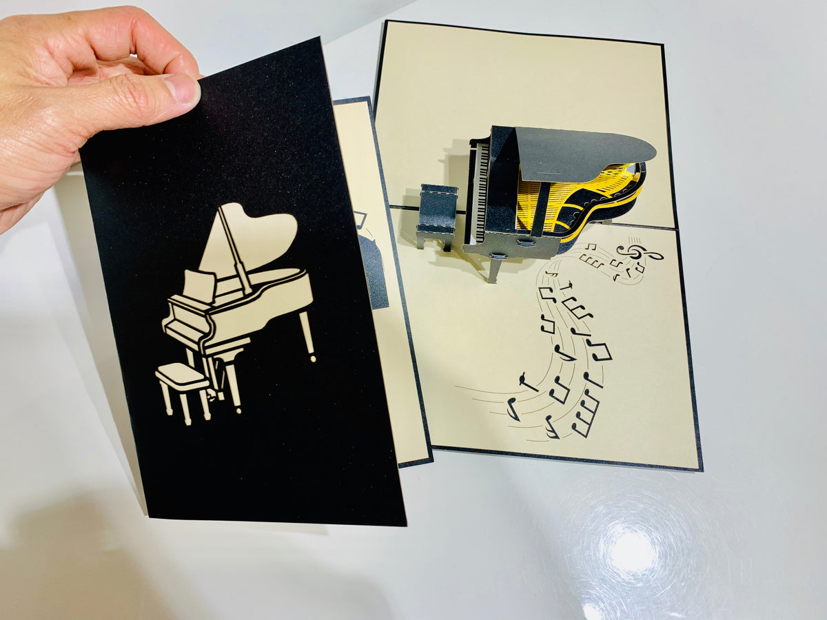 Sophisticated Gold & Black Piano with Bench Origami Pop Cards 3D Pop Up Greeting Card Celebrate Happy Birthday Thank You Handmade Best Wishes Gift Thinking of You Blank Card for Any Occasion Happy Mother's Day Happy Father's Day Australiana Celebration
