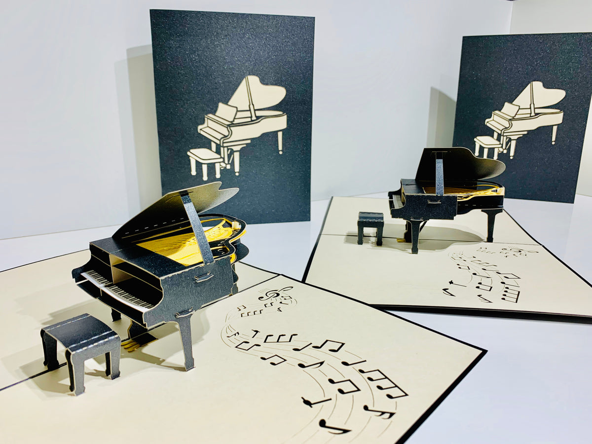 Sophisticated Gold & Black Piano with Bench Origami Pop Cards 3D Pop Up Greeting Card Celebrate Happy Birthday Thank You Handmade Best Wishes Gift Thinking of You Blank Card for Any Occasion Happy Mother's Day Happy Father's Day Australiana Celebration