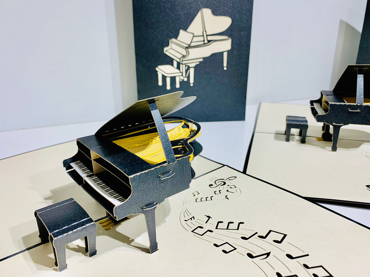 Sophisticated Gold & Black Piano with Bench Origami Pop Cards 3D Pop Up Greeting Card Celebrate Happy Birthday Thank You Handmade Best Wishes Gift Thinking of You Blank Card for Any Occasion Happy Mother's Day Happy Father's Day Australiana Celebration