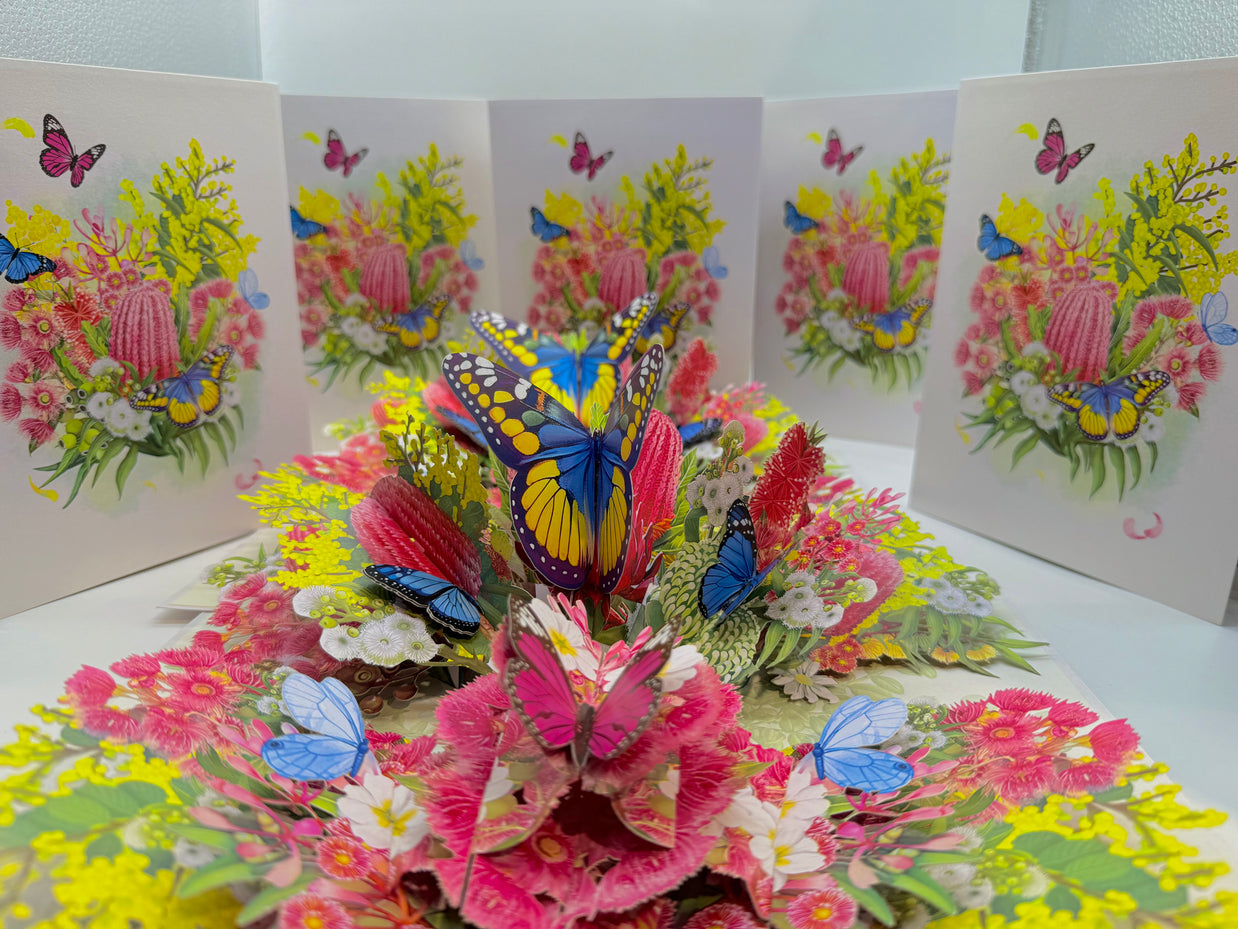 Spring Australian Native Garden with Butterflies Origami Pop Cards 3D Pop Up Greeting Card Happy Birthday Thank You Handmade Gift Thinking of You Blank Card for Any Occasion Happy Mother's Day Happy Father's Australiana Celebrate the Beauty of Flower