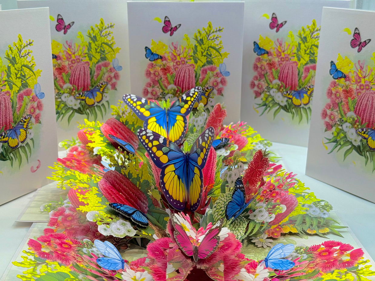 Spring Australian Native Garden with Butterflies Origami Pop Cards 3D Pop Up Greeting Card Happy Birthday Thank You Handmade Gift Thinking of You Blank Card for Any Occasion Happy Mother's Day Happy Father's Australiana Celebrate the Beauty of Flower