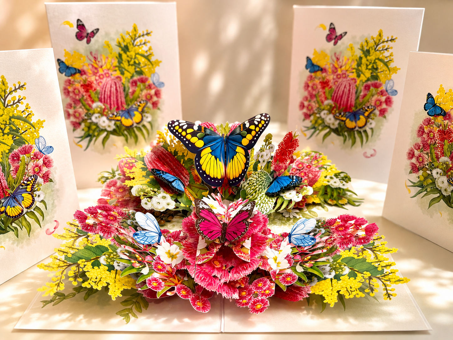 Spring Australian Native Garden with Butterflies Origami Pop Cards 3D Pop Up Greeting Card Happy Birthday Thank You Handmade Gift Thinking of You Blank Card for Any Occasion Happy Mother's Day Happy Father's Australiana Celebrate the Beauty of Flower