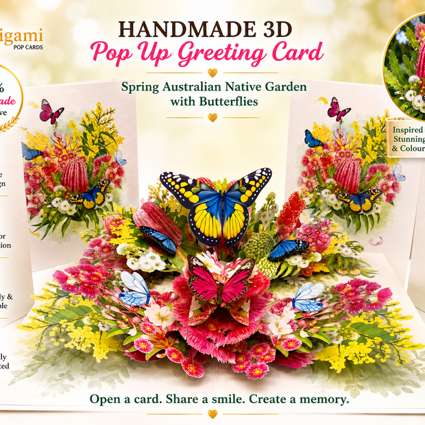 Spring Australian Native Garden with Butterflies Origami Pop Cards 3D Pop Up Greeting Card Happy Birthday Thank You Handmade Gift Thinking of You Blank Card for Any Occasion Happy Mother's Day Happy Father's Australiana Celebrate the Beauty of Flower