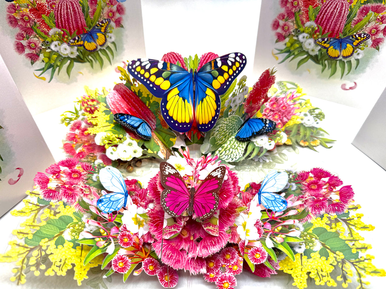 Spring Australian Native Garden with Butterflies Origami Pop Cards 3D Pop Up Greeting Card Happy Birthday Thank You Handmade Gift Thinking of You Blank Card for Any Occasion Happy Mother's Day Happy Father's Australiana Celebrate the Beauty of Flower
