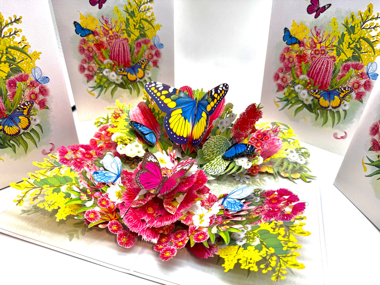 Spring Australian Native Garden with Butterflies Origami Pop Cards 3D Pop Up Greeting Card Happy Birthday Thank You Handmade Gift Thinking of You Blank Card for Any Occasion Happy Mother's Day Happy Father's Australiana Celebrate the Beauty of Flower