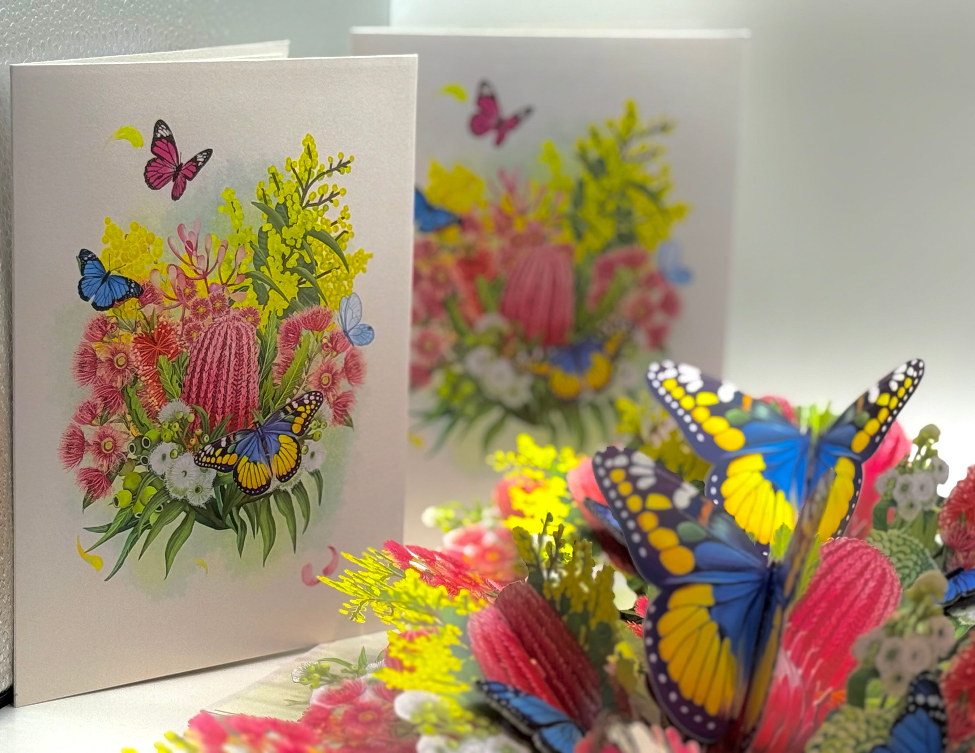 Spring Australian Native Garden with Butterflies Origami Pop Cards 3D Pop Up Greeting Card Happy Birthday Thank You Handmade Gift Thinking of You Blank Card for Any Occasion Happy Mother's Day Happy Father's Australiana Celebrate the Beauty of Flower