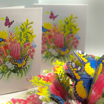 Spring Australian Native Garden with Butterflies Origami Pop Cards 3D Pop Up Greeting Card Happy Birthday Thank You Handmade Gift Thinking of You Blank Card for Any Occasion Happy Mother's Day Happy Father's Australiana Celebrate the Beauty of Flower