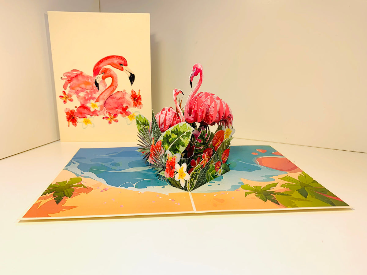 Spring Flower Garden Mother & a Baby Flamingoes Origami Pop Cards 3D Pop Up Greeting Card Best Wishes Happy Birthday Gift Thank You Handmade Best Wishes Blank Card for Any Occasion Happy Mother's Day Happy Father's Day Celebration