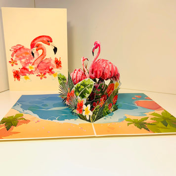 Spring Flower Garden Mother & a Baby Flamingoes Origami Pop Cards 3D Pop Up Greeting Card Best Wishes Happy Birthday Gift Thank You Handmade Best Wishes Blank Card for Any Occasion Happy Mother's Day Happy Father's Day Celebration