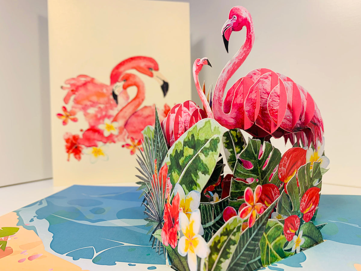 Spring Flower Garden Mother & a Baby Flamingoes Origami Pop Cards 3D Pop Up Greeting Card Best Wishes Happy Birthday Gift Thank You Handmade Best Wishes Blank Card for Any Occasion Happy Mother's Day Happy Father's Day Celebration
