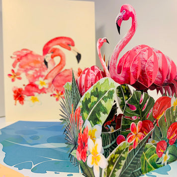 Spring Flower Garden Mother & a Baby Flamingoes Origami Pop Cards 3D Pop Up Greeting Card Best Wishes Happy Birthday Gift Thank You Handmade Best Wishes Blank Card for Any Occasion Happy Mother's Day Happy Father's Day Celebration