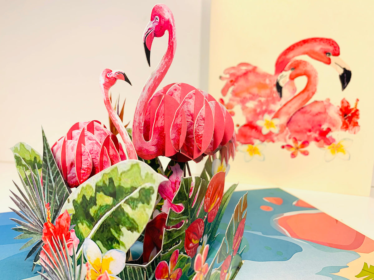 Spring Flower Garden Mother & a Baby Flamingoes Origami Pop Cards 3D Pop Up Greeting Card Best Wishes Happy Birthday Gift Thank You Handmade Best Wishes Blank Card for Any Occasion Happy Mother's Day Happy Father's Day Celebration