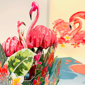 Spring Flower Garden Mother & a Baby Flamingoes Origami Pop Cards 3D Pop Up Greeting Card Best Wishes Happy Birthday Gift Thank You Handmade Best Wishes Blank Card for Any Occasion Happy Mother's Day Happy Father's Day Celebration