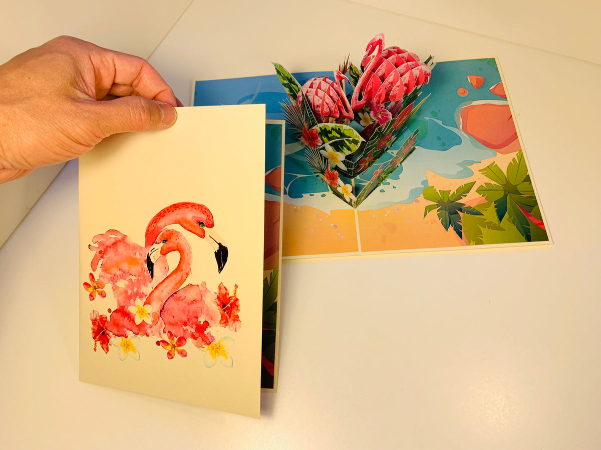 Spring Flower Garden Mother & a Baby Flamingoes Origami Pop Cards 3D Pop Up Greeting Card Best Wishes Happy Birthday Gift Thank You Handmade Best Wishes Blank Card for Any Occasion Happy Mother's Day Happy Father's Day Celebration